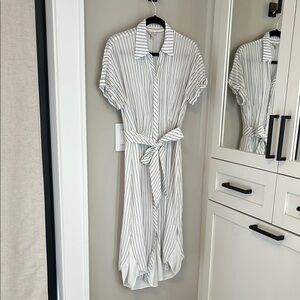 Joie White Stripe Polo Collar Button Down Midi Dress Casual - Medium